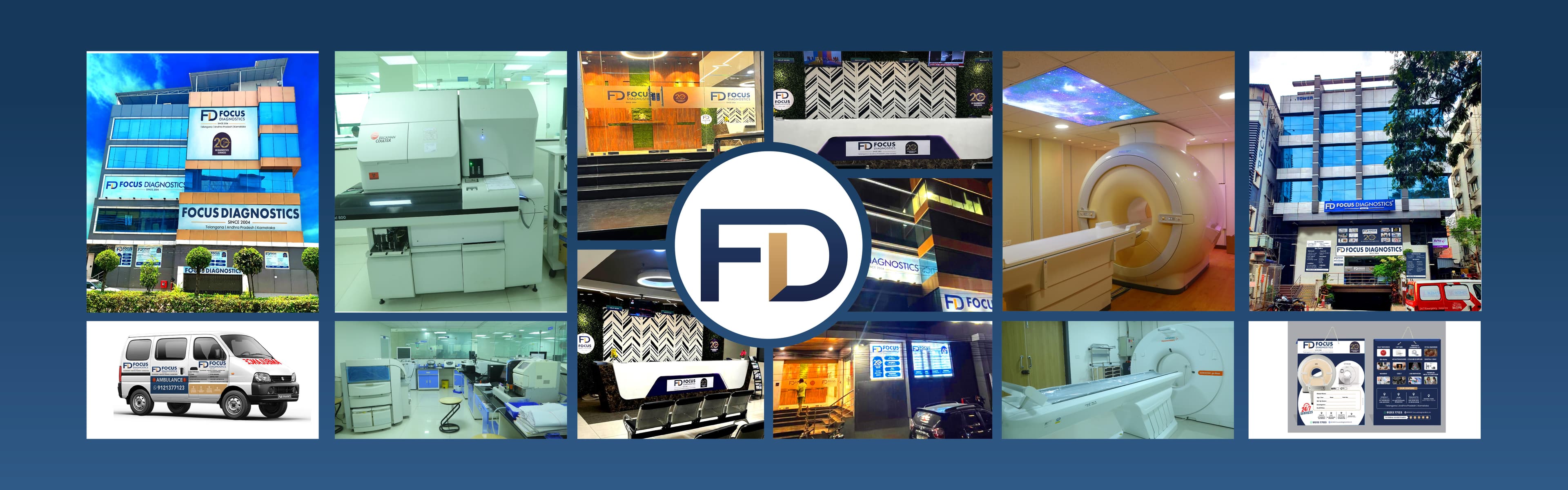 Collage of Focus diagnostics: advanced lab, MRI, mobile van, building exterior.