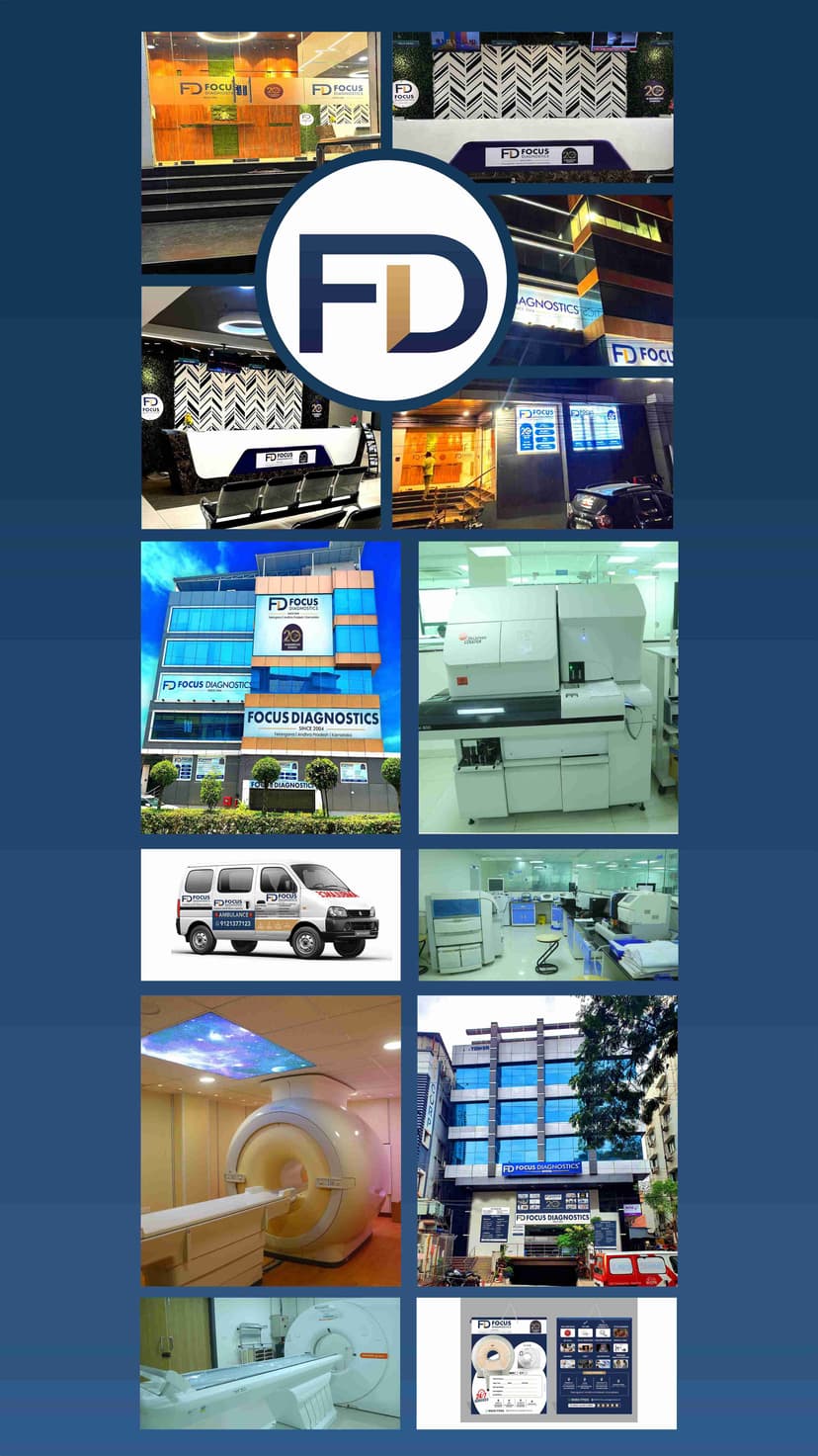 Collage of Focus diagnostics: advanced lab, MRI, mobile van, building exterior.