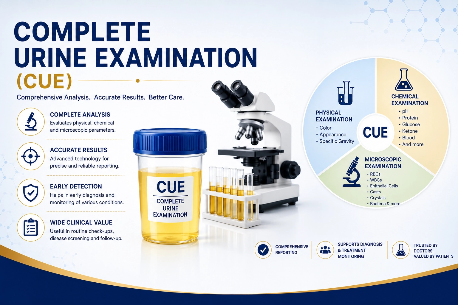 Complete Urine Examination (CUE) diagnostic urine analysis test for kidney and urinary health at Focus Diagnostics Hyderabad