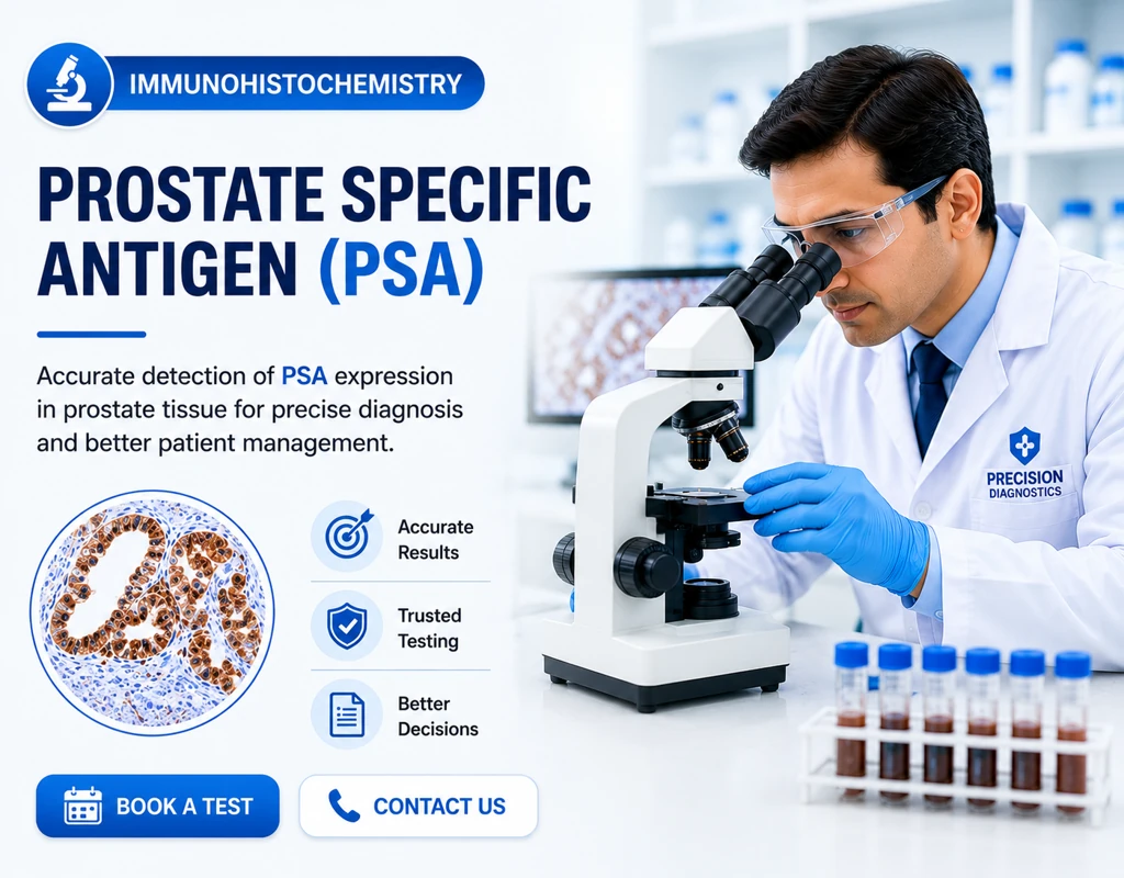 IHC PSA immunohistochemistry test showing prostate specific antigen staining in prostate cancer tissue under microscope