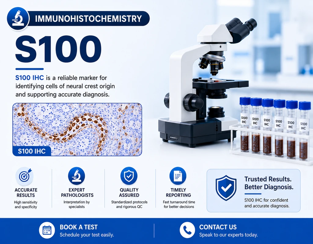 IHC S100 immunohistochemistry test showing melanoma and neural tumor marker staining in tissue sample under microscope