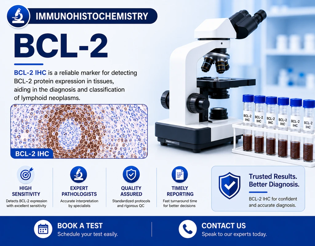 IHC BCL-2 immunohistochemistry test showing lymphoma marker staining in tissue sample under microscope
