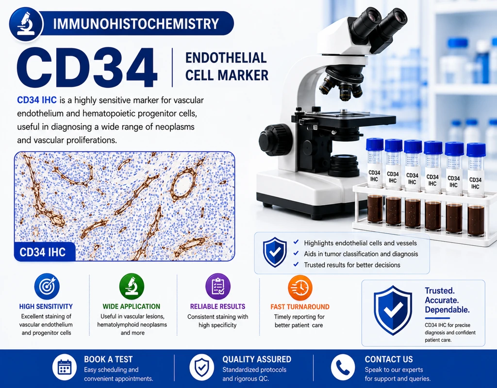 IHC CD34 immunohistochemistry test showing vascular and hematopoietic marker staining in tissue sample under microscope