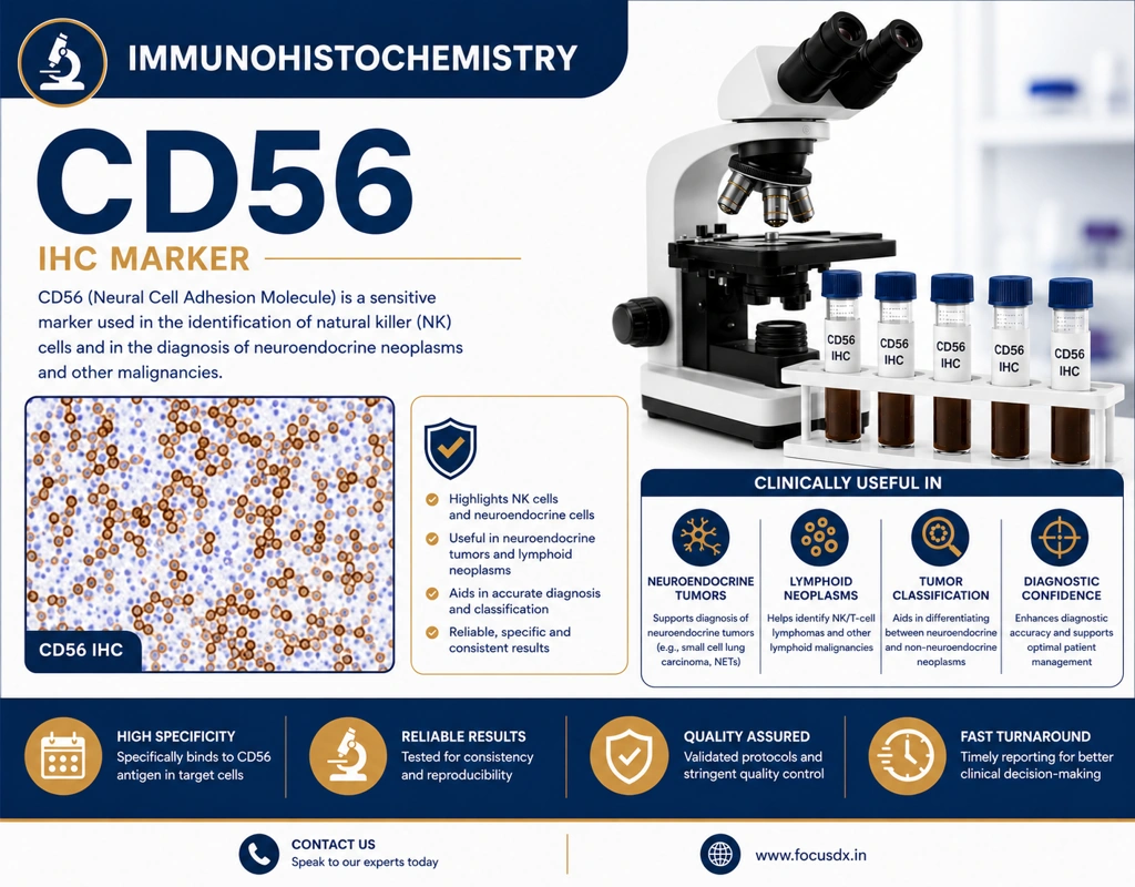 IHC CD56 immunohistochemistry test showing neuroendocrine and NK-cell marker staining in tissue sample under microscope