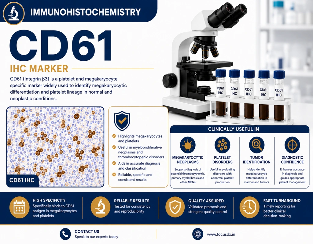 IHC CD61 immunohistochemistry test showing megakaryocyte and platelet lineage marker staining in bone marrow tissue under microscope
