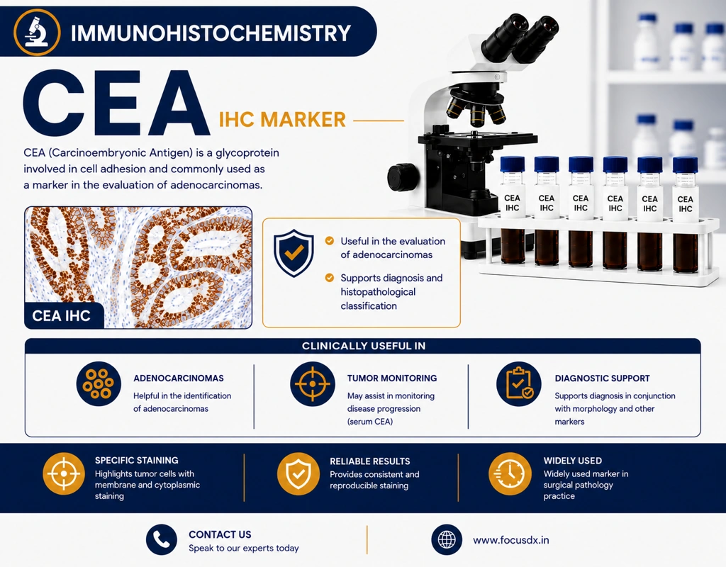 IHC CEA immunohistochemistry test showing carcinoembryonic antigen staining in adenocarcinoma tissue under microscope