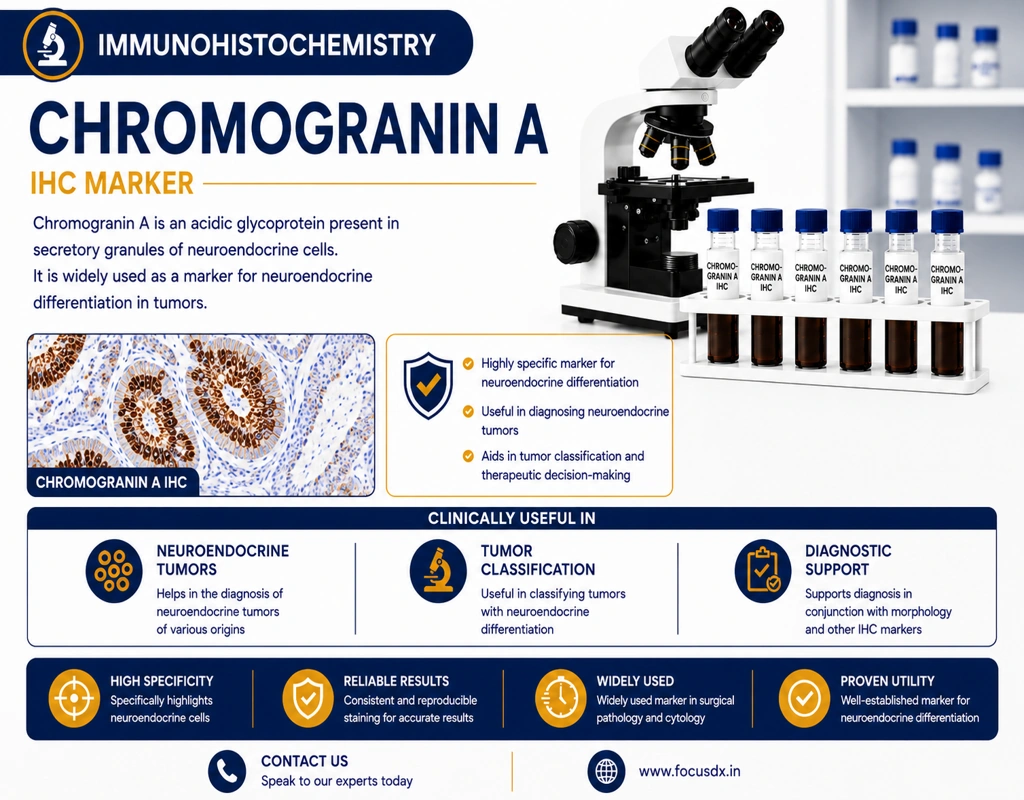IHC Chromogranin A immunohistochemistry test showing neuroendocrine tumor marker staining in tissue sample under microscope