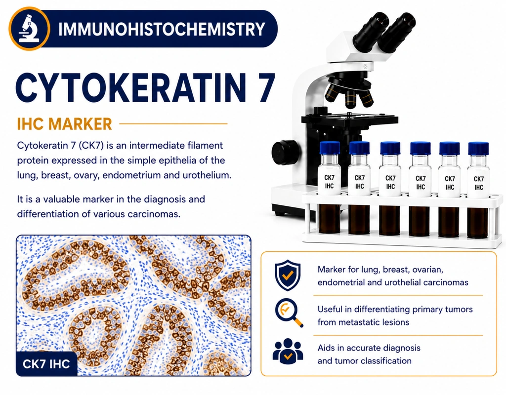 IHC Cytokeratin 7 (CK7) immunohistochemistry test showing epithelial tumor marker staining in tissue sample under microscope