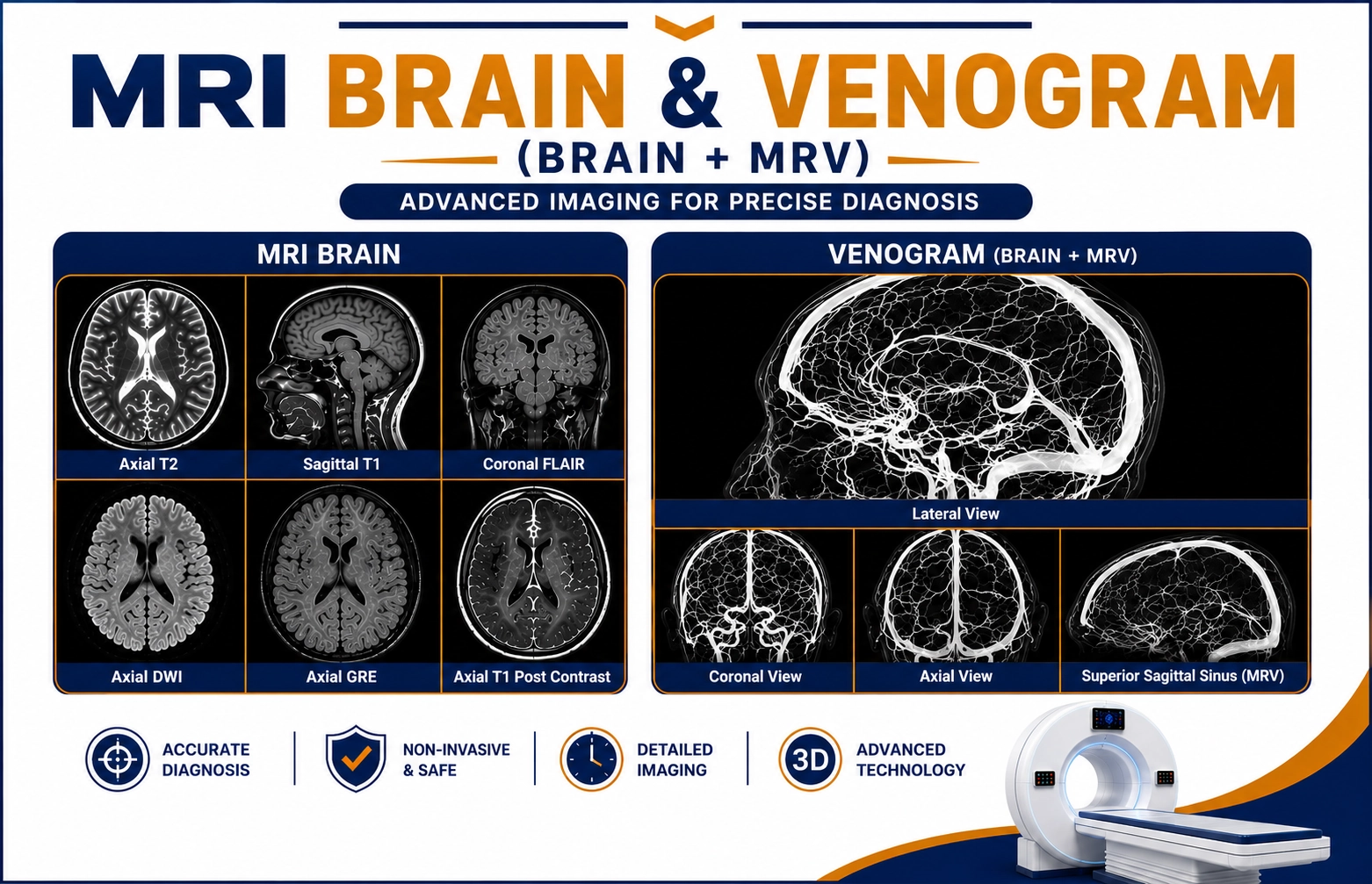 MRI Brain and Venogram (Brain + MRV) scan at Focus Diagnostics Hyderabad for advanced neurological and cerebral vein imaging evaluation