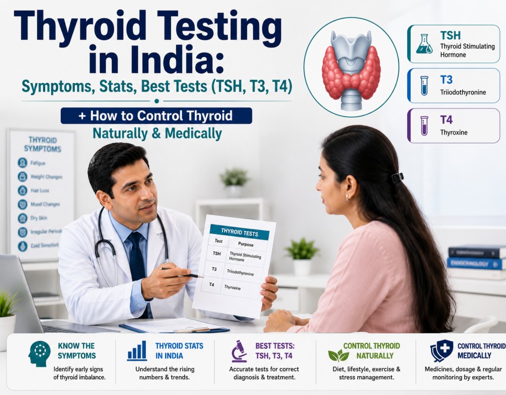 Thyroid Testing in India: Symptoms, Stats, Best Tests (TSH, T3, T4) + How to Control Thyroid Naturally & Medically