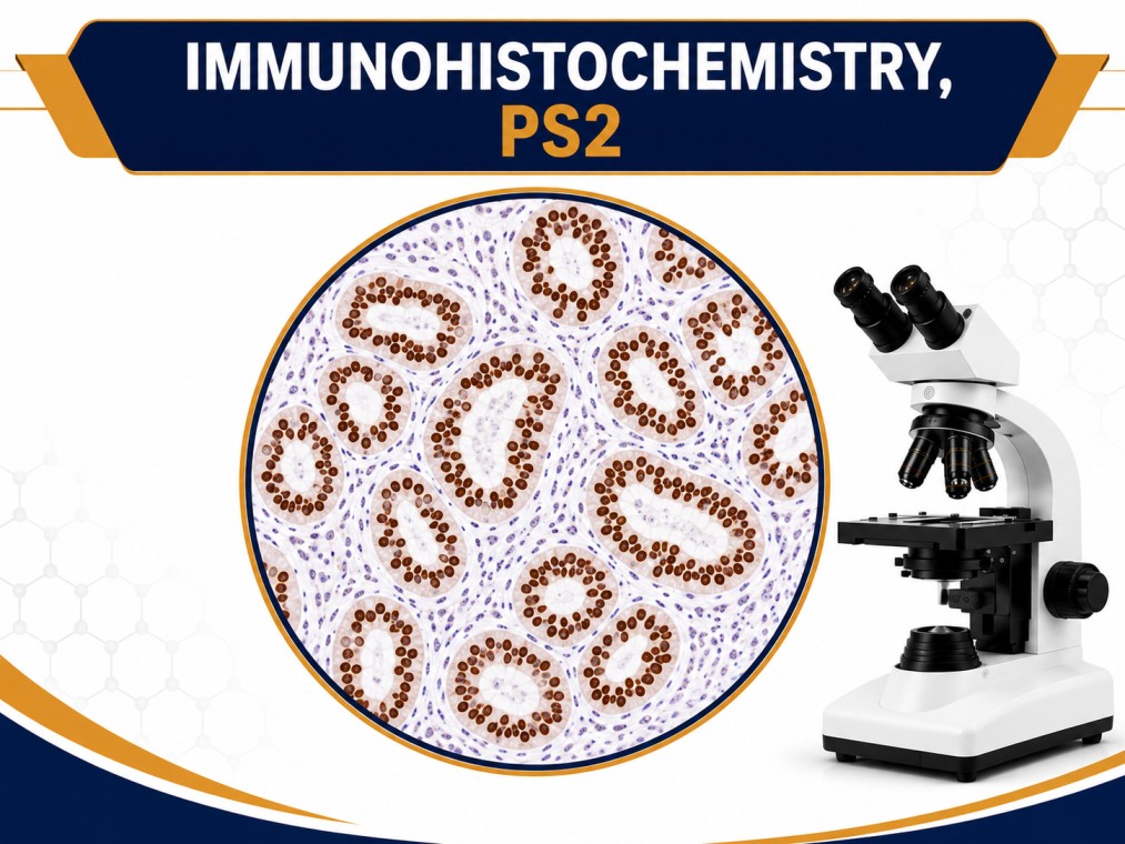 IHC PS2 immunohistochemistry test showing estrogen-responsive protein staining in breast cancer tissue under microscope