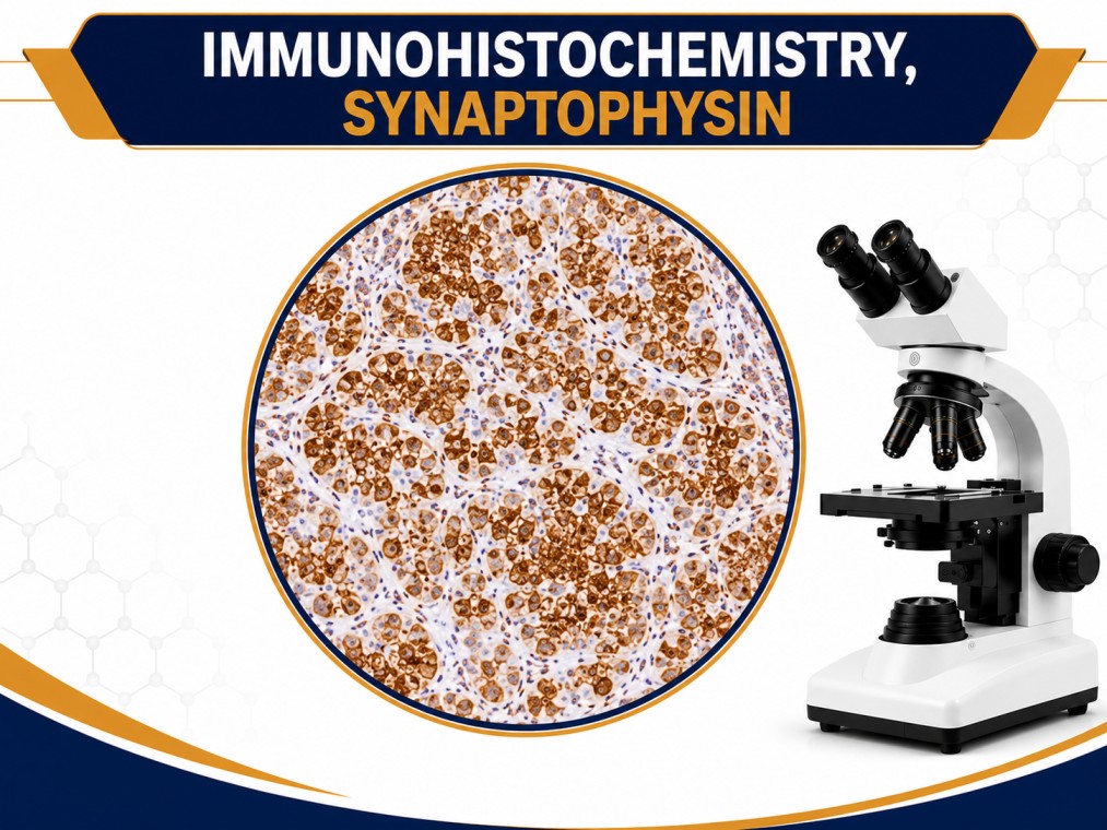 IHC Synaptophysin immunohistochemistry test showing neuroendocrine tumor marker staining in tissue sample under microscope