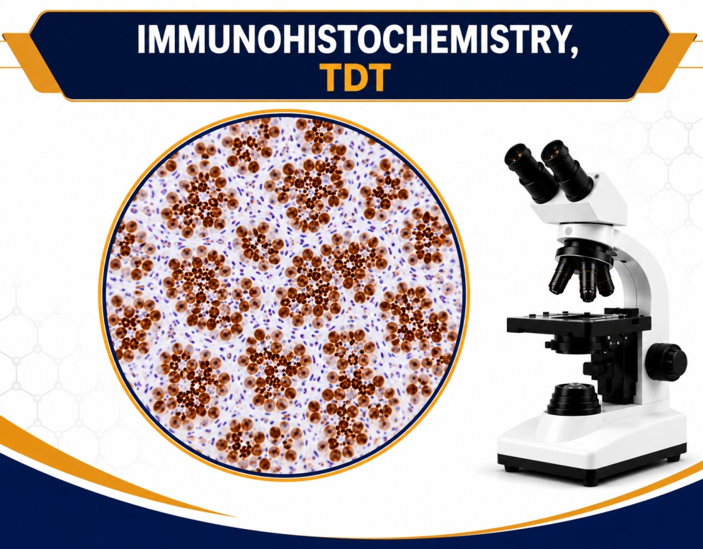 IHC TdT immunohistochemistry test showing immature lymphoid cell marker staining in bone marrow tissue under microscope