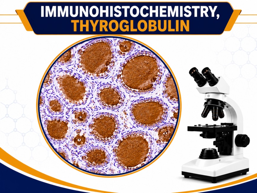 IHC Thyroglobulin immunohistochemistry test showing thyroid cancer marker staining in thyroid tissue under microscope