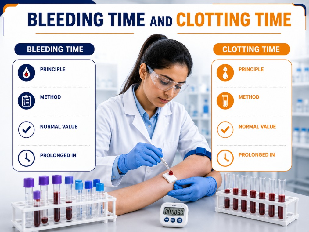 Bleeding Time and Clotting Time (BT CT) test showing blood coagulation assessment for platelet function and bleeding disorder evaluation