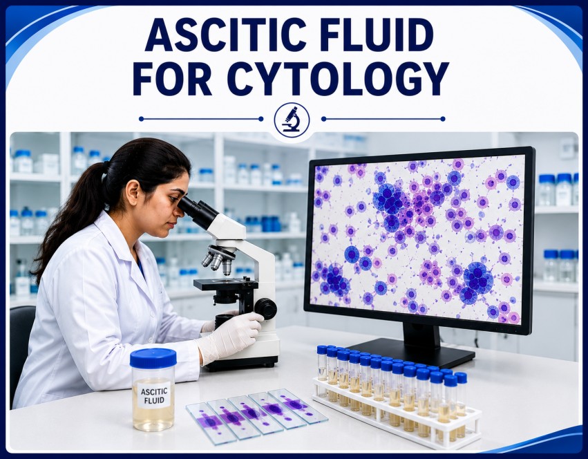 Ascitic fluid cytology examination showing microscopic analysis of abdominal fluid for malignant cells, inflammation, and cancer diagnosis