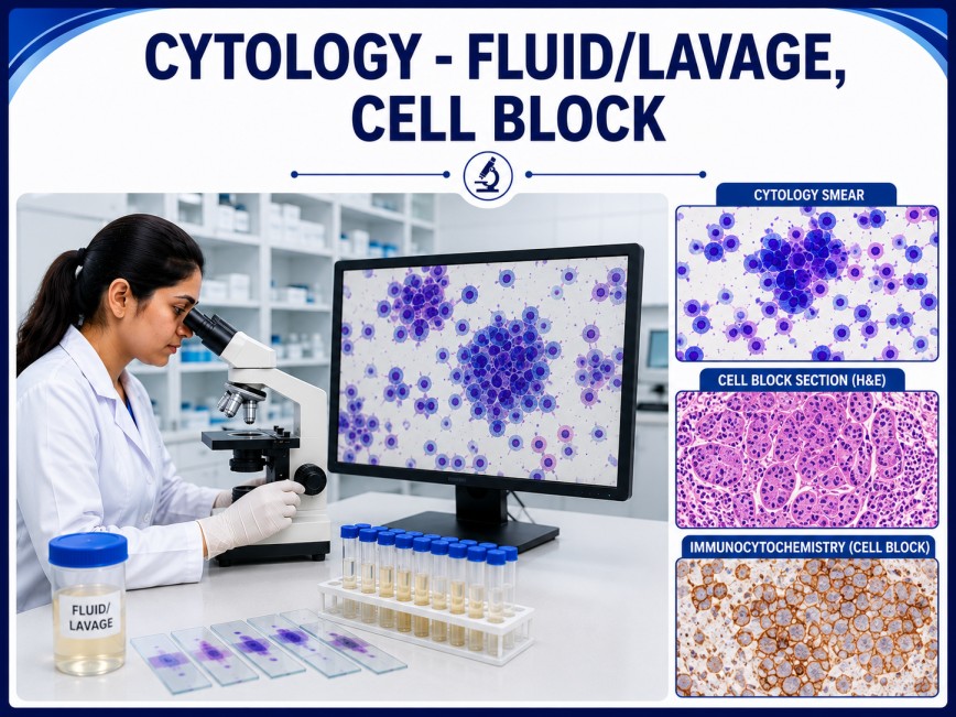 Fluid and lavage cytology with Cell Block preparation showing microscopic examination of body fluid cells for cancer detection and advanced cytopathology analysis
