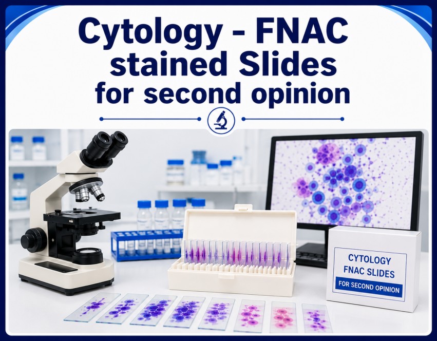 FNAC stained slide second opinion review showing expert cytopathology examination for diagnostic confirmation and cancer evaluation