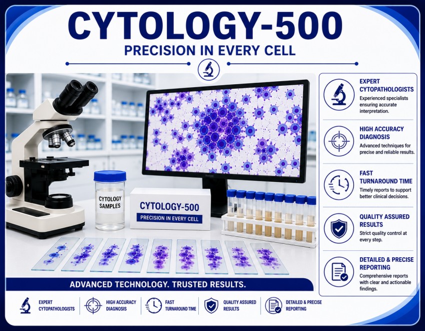 Cytology examination showing microscopic analysis of cells for detection of cancer, infections, inflammation, and abnormal cellular changes