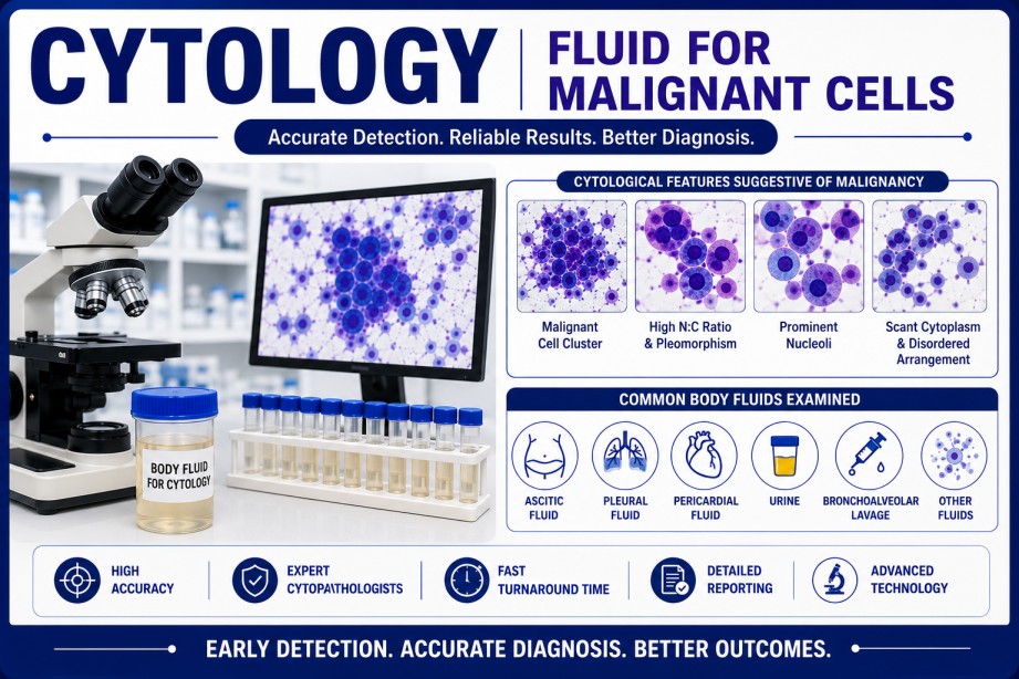 Fluid cytology for malignant cells showing microscopic examination of body fluid samples for cancer detection and metastatic disease evaluation