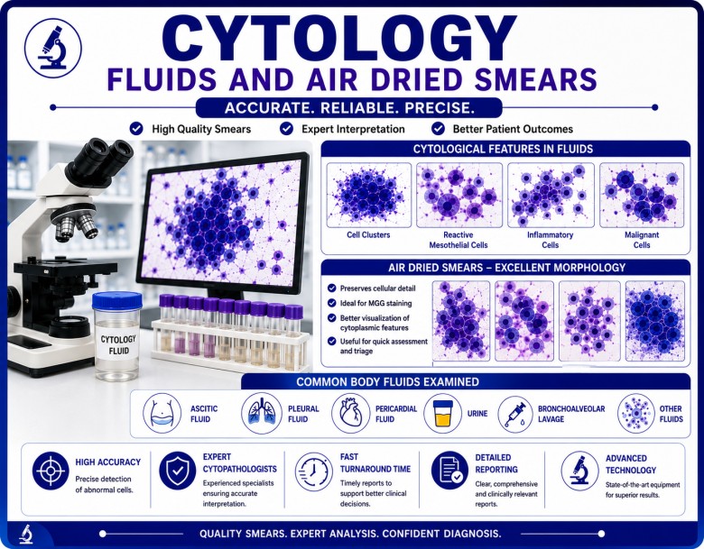 Cytology of fluids and air-dried smears showing microscopic examination of cells for cancer detection, infection diagnosis, and abnormal cellular changes
