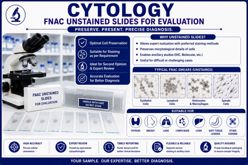 FNAC unstained slides evaluation showing cytopathology staining and microscopic examination for diagnosis of benign and malignant lesions