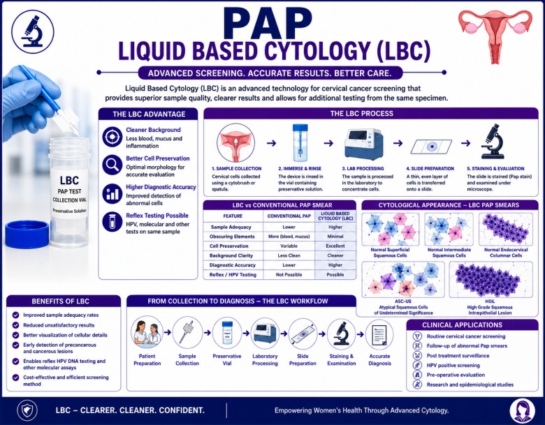 Pap test liquid based cytology showing cervical cell collection and microscopic examination for cervical cancer screening and HPV-related abnormalities
