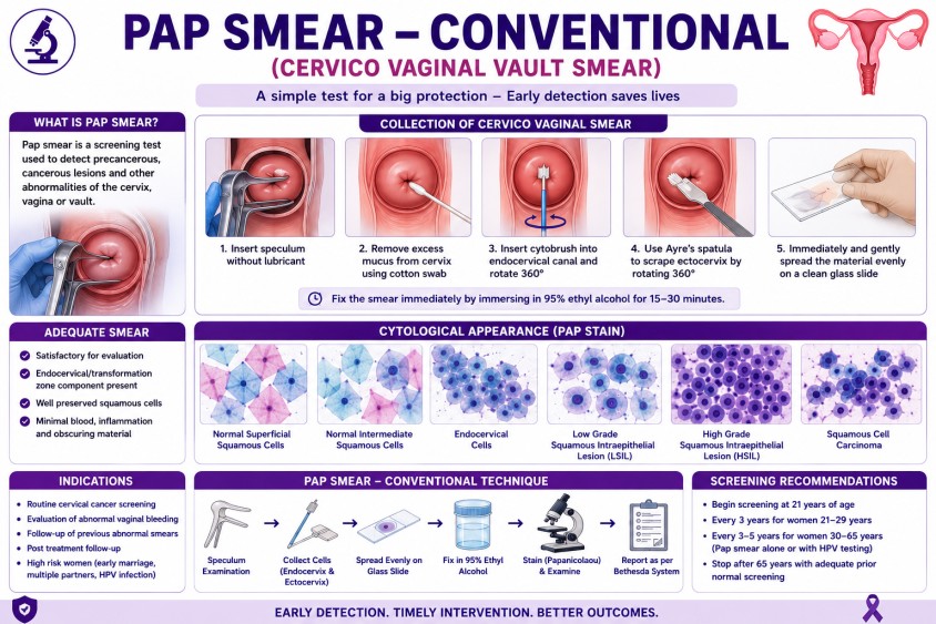 PAP Smear Conventional Cervico Vaginal Vault Smear test showing cervical cell sampling for early cervical cancer screening in women