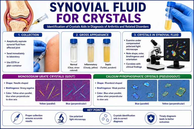Synovial fluid crystal analysis test showing joint fluid examination under microscope for gout and arthritis diagnosis