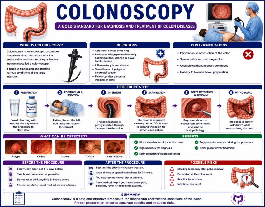 Colonoscopy procedure showing endoscopic examination of the colon for cancer screening, polyps, and intestinal disease diagnosis