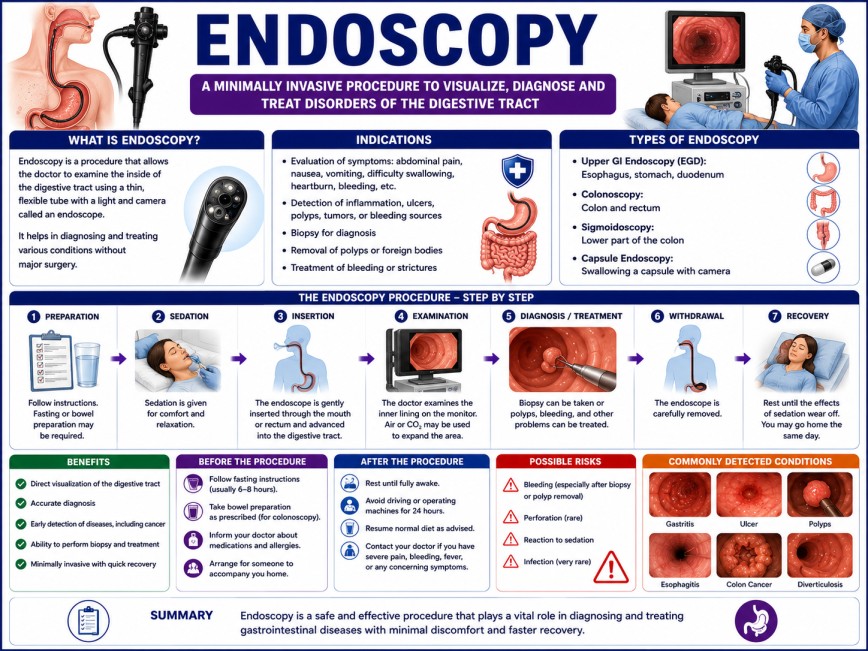 Upper GI endoscopy procedure showing flexible endoscope examining stomach and esophagus for ulcers and digestive disorders diagnosis