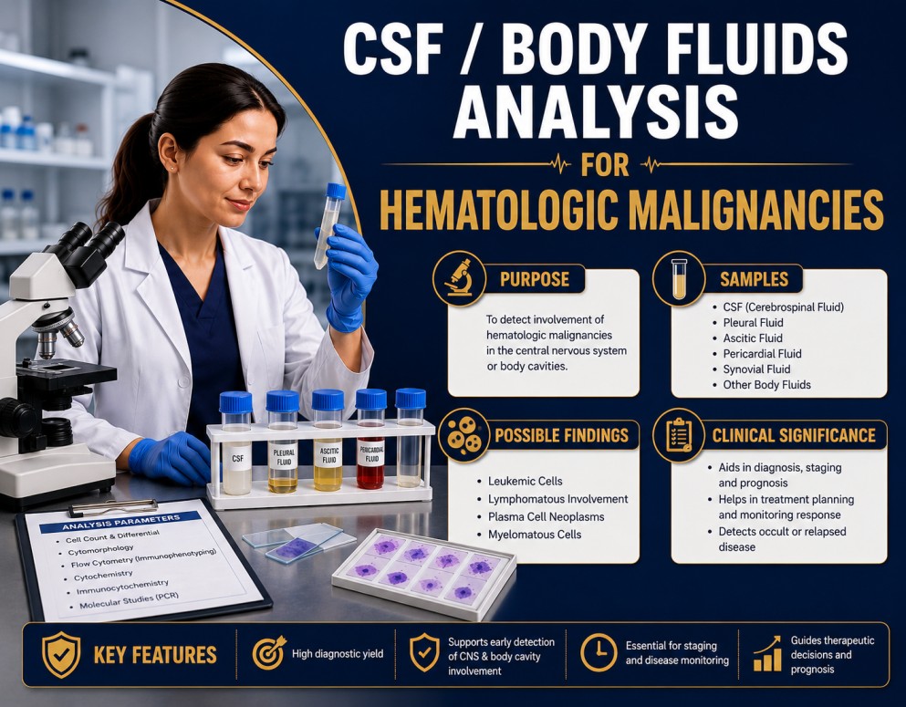 CSF and body fluid analysis test showing microscopic detection of malignant cells for leukemia and lymphoma diagnosis