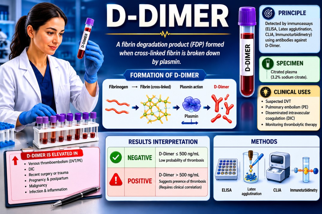 D-dimer blood test showing measurement of fibrin degradation products for detection of blood clots and thrombotic disorders