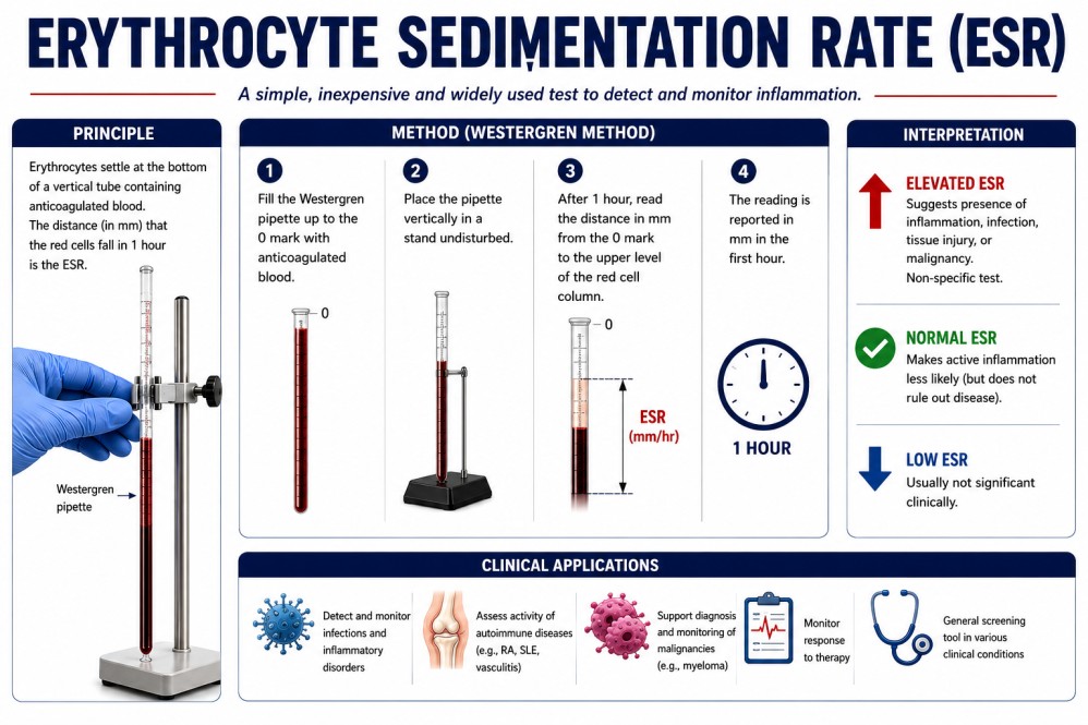 ESR blood test showing erythrocyte sedimentation rate measurement used to detect inflammation, infection, and autoimmune diseases