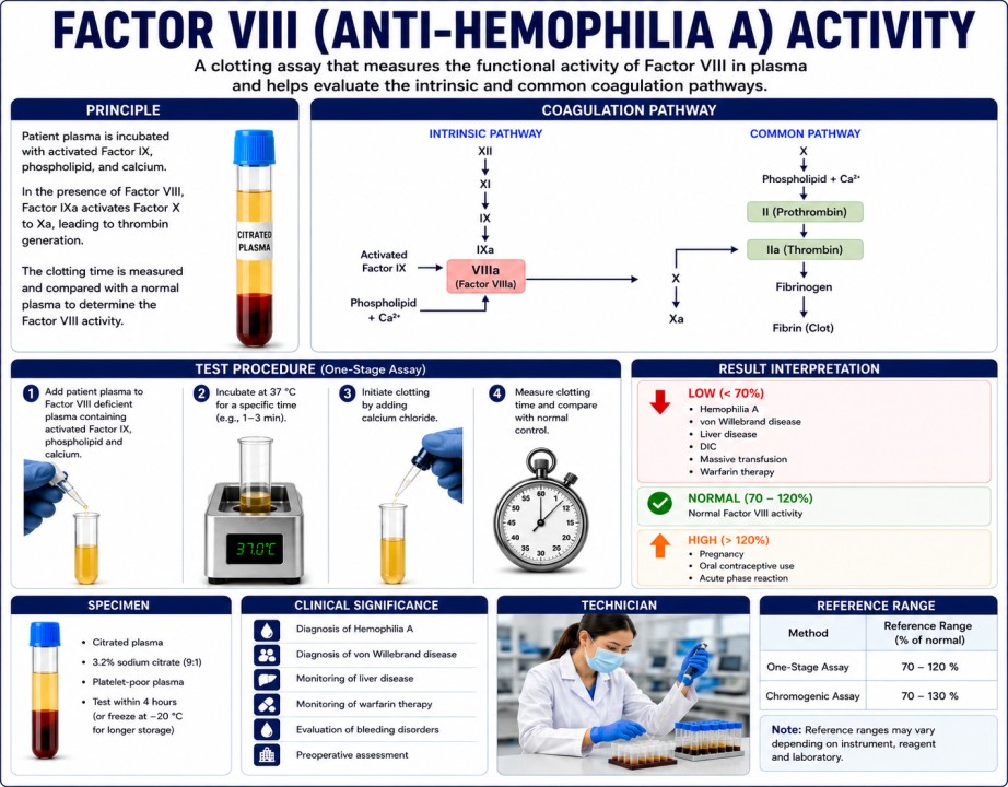 Factor VIII activity blood test measuring anti-hemophilia A clotting factor levels for diagnosis of bleeding disorders and hemophilia A