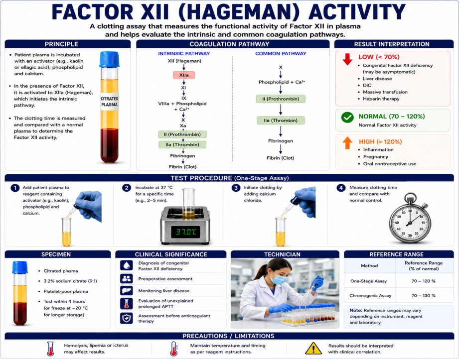 Factor XII activity blood test measuring Hageman clotting factor function for intrinsic pathway and coagulation disorder evaluation