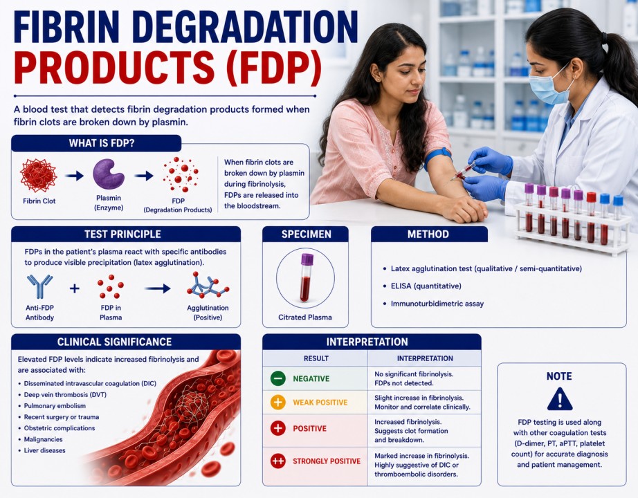 Fibrin Degradation Products (FDP) blood test showing coagulation and fibrinolysis assessment for clotting disorders and DIC diagnosis