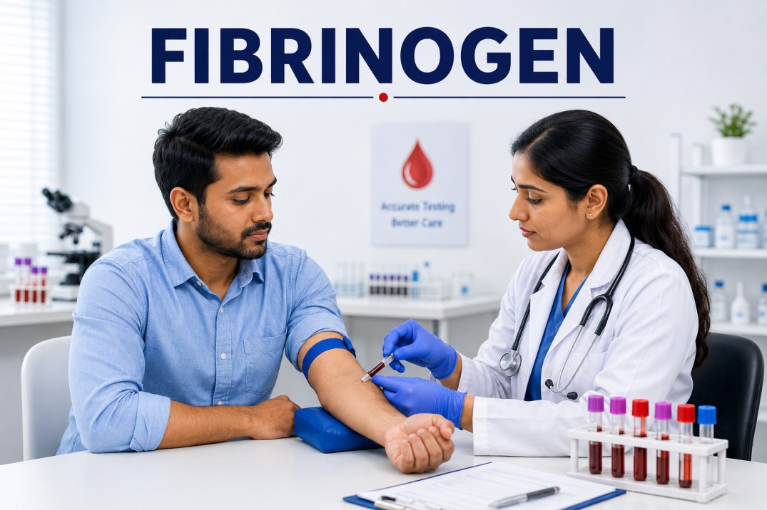 Fibrinogen blood test showing coagulation protein analysis for bleeding disorders, thrombosis risk assessment, and clotting function evaluation