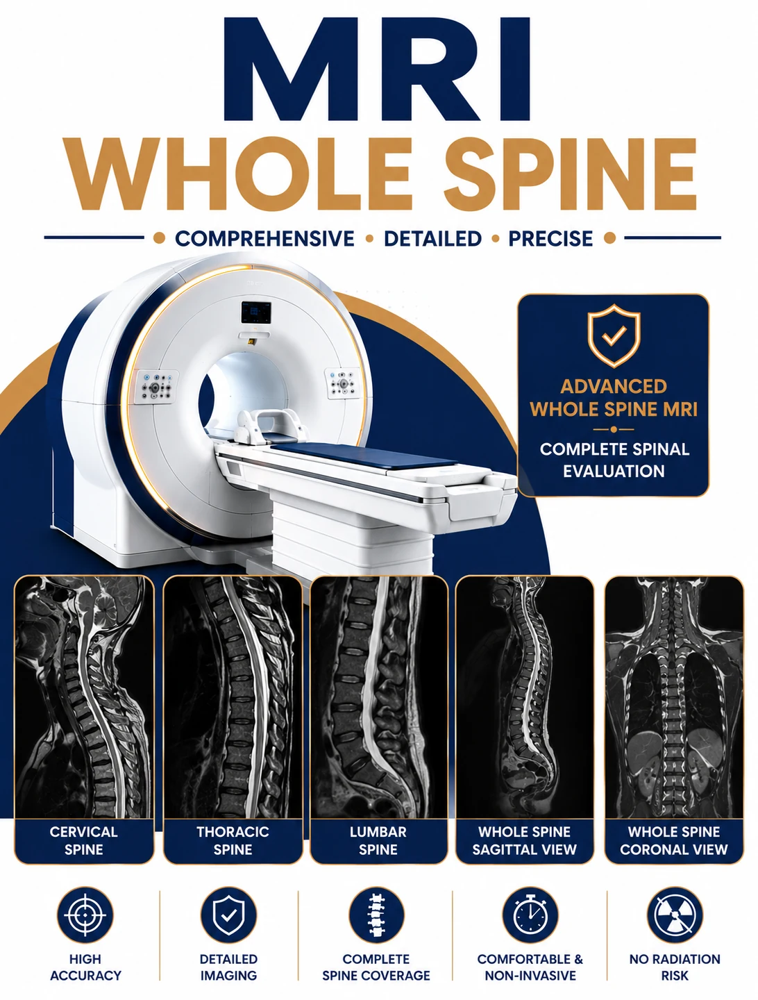 MRI Whole Spine scan for comprehensive evaluation of cervical, thoracic, lumbar spine, spinal cord, discs, tumors, and neurological disorders at Focus Diagnostics