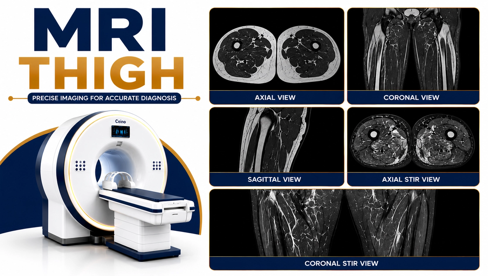 MRI Thigh scan for evaluation of muscle injuries, soft tissue masses, tumors, infections, tendon disorders, and thigh pain at Focus Diagnostics