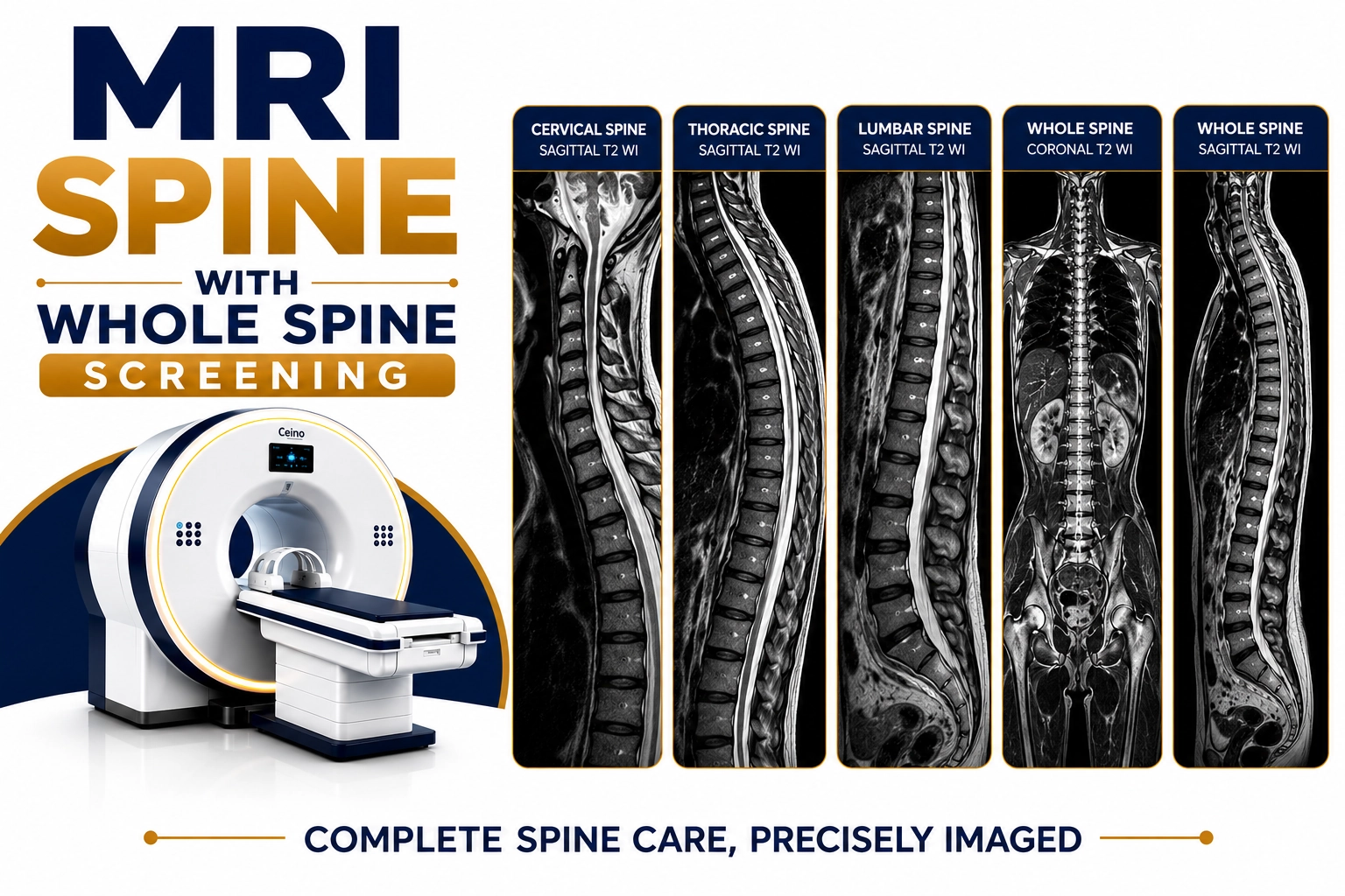 MRI Spine with Whole Spine Screening scan for comprehensive evaluation of cervical, dorsal, lumbar spine, spinal cord, discs, and spinal abnormalities at Focus Diagnostics