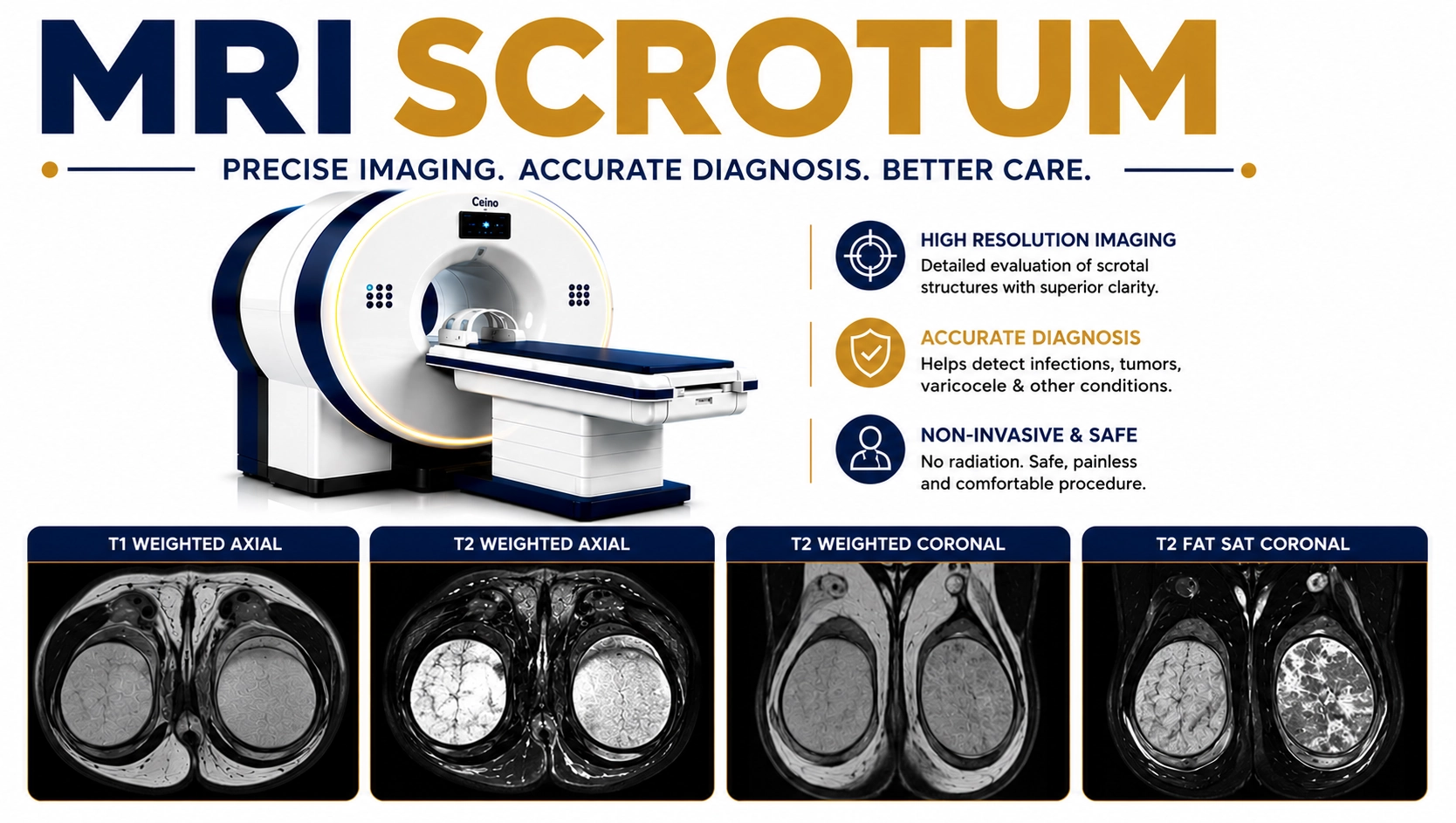 MRI Scrotum scan for evaluation of testicular abnormalities, scrotal masses, pain, inflammation, and reproductive system disorders at Focus Diagnostics