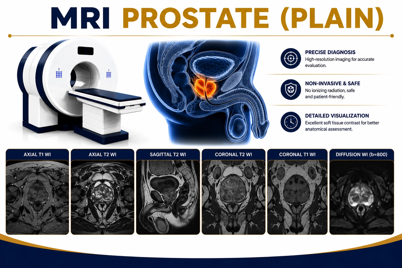 MRI Prostate Plain scan for evaluation of prostate enlargement, prostate tumors, prostatitis, urinary symptoms, and prostate gland abnormalities at Focus Diagnostics