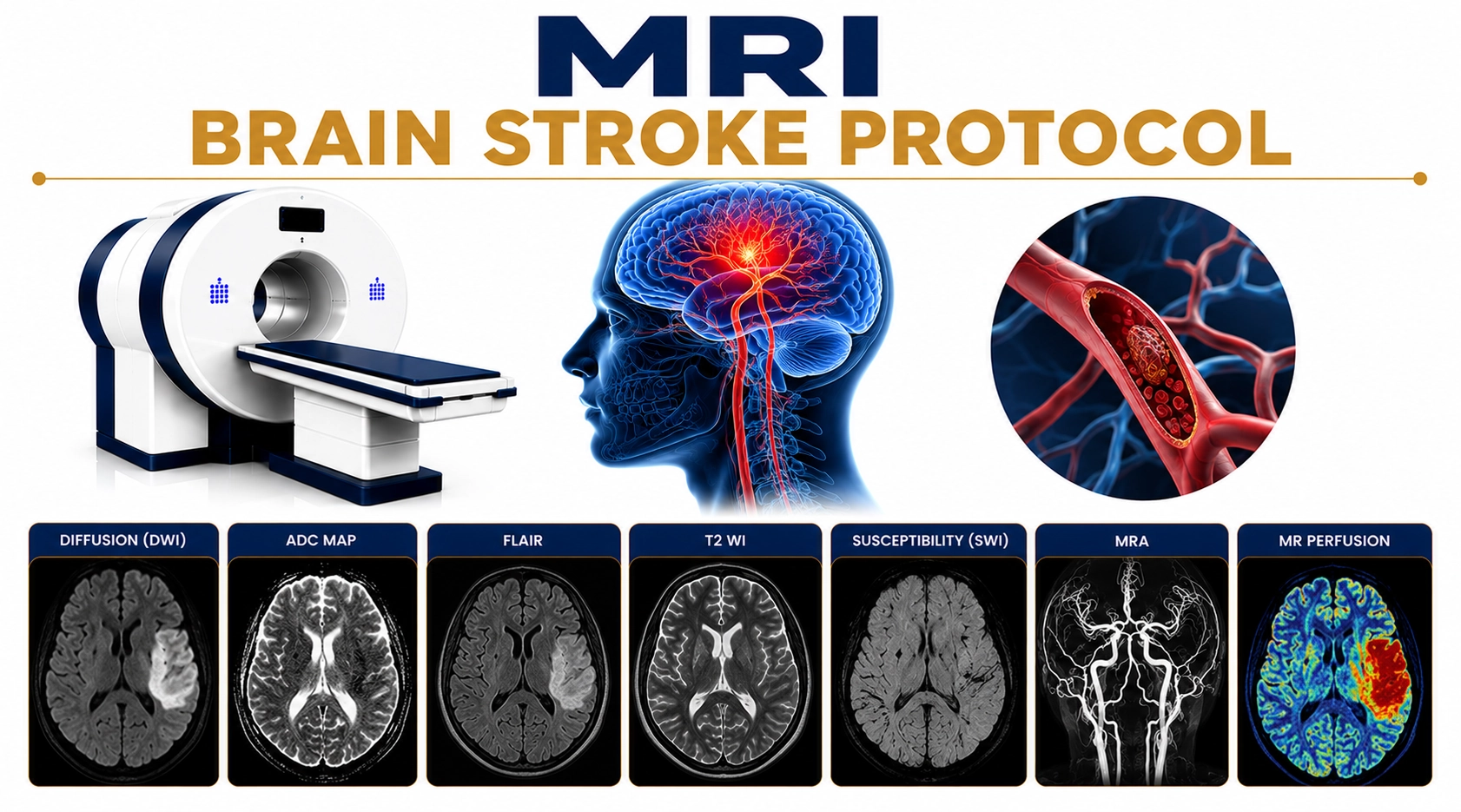 MRI Brain Stroke Protocol scan at Focus Diagnostics showing advanced brain imaging for rapid detection of acute stroke, brain infarction, and vascular abnormalities