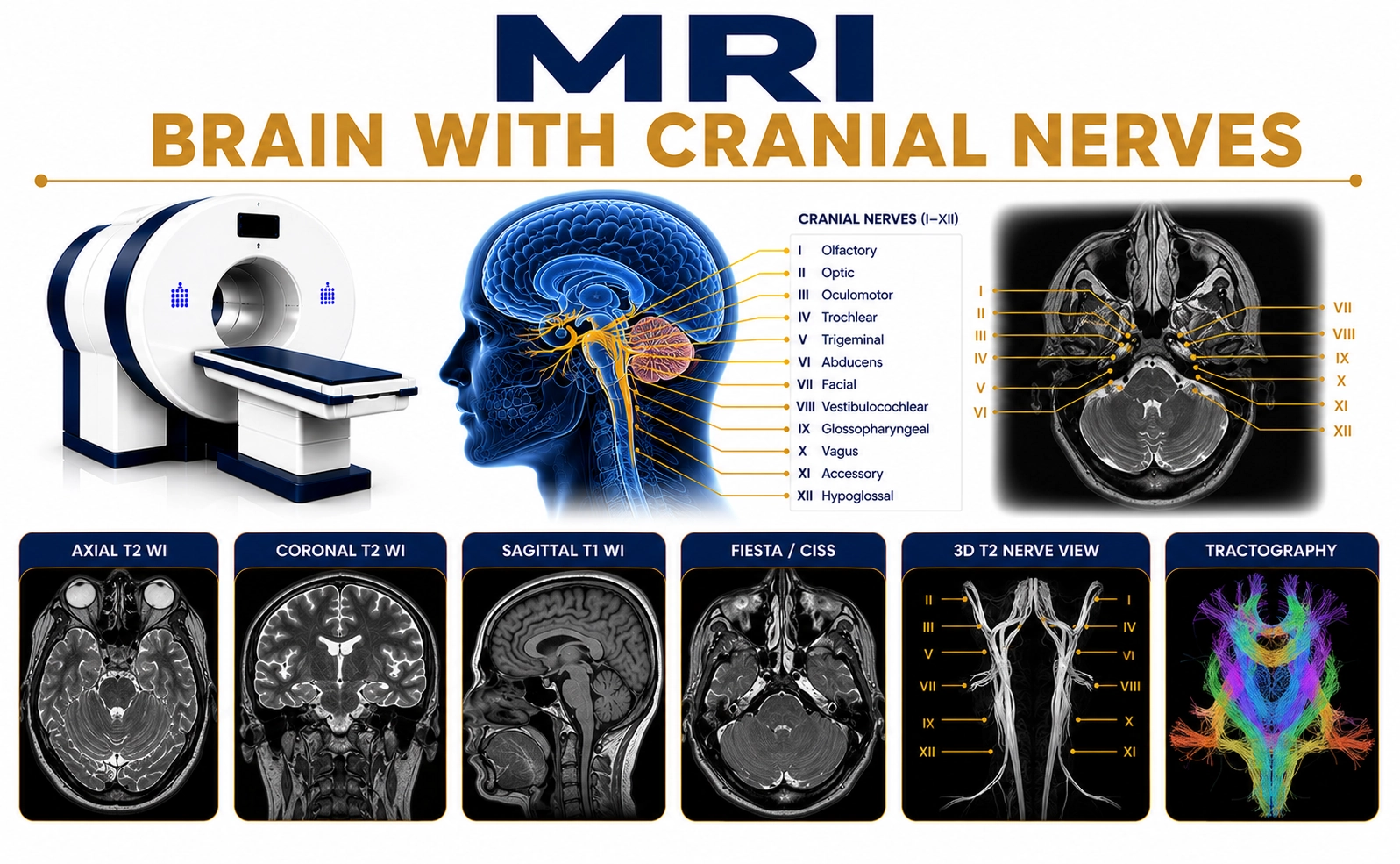 MRI Brain with Cranial Nerves scan at Focus Diagnostics showing detailed imaging of the brain, brainstem, cranial nerves, and neurological pathways
