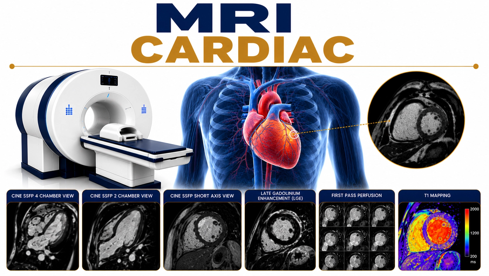 MRI Cardiac scan at Focus Diagnostics showing detailed imaging of heart chambers, heart muscle, valves, and cardiovascular structures
