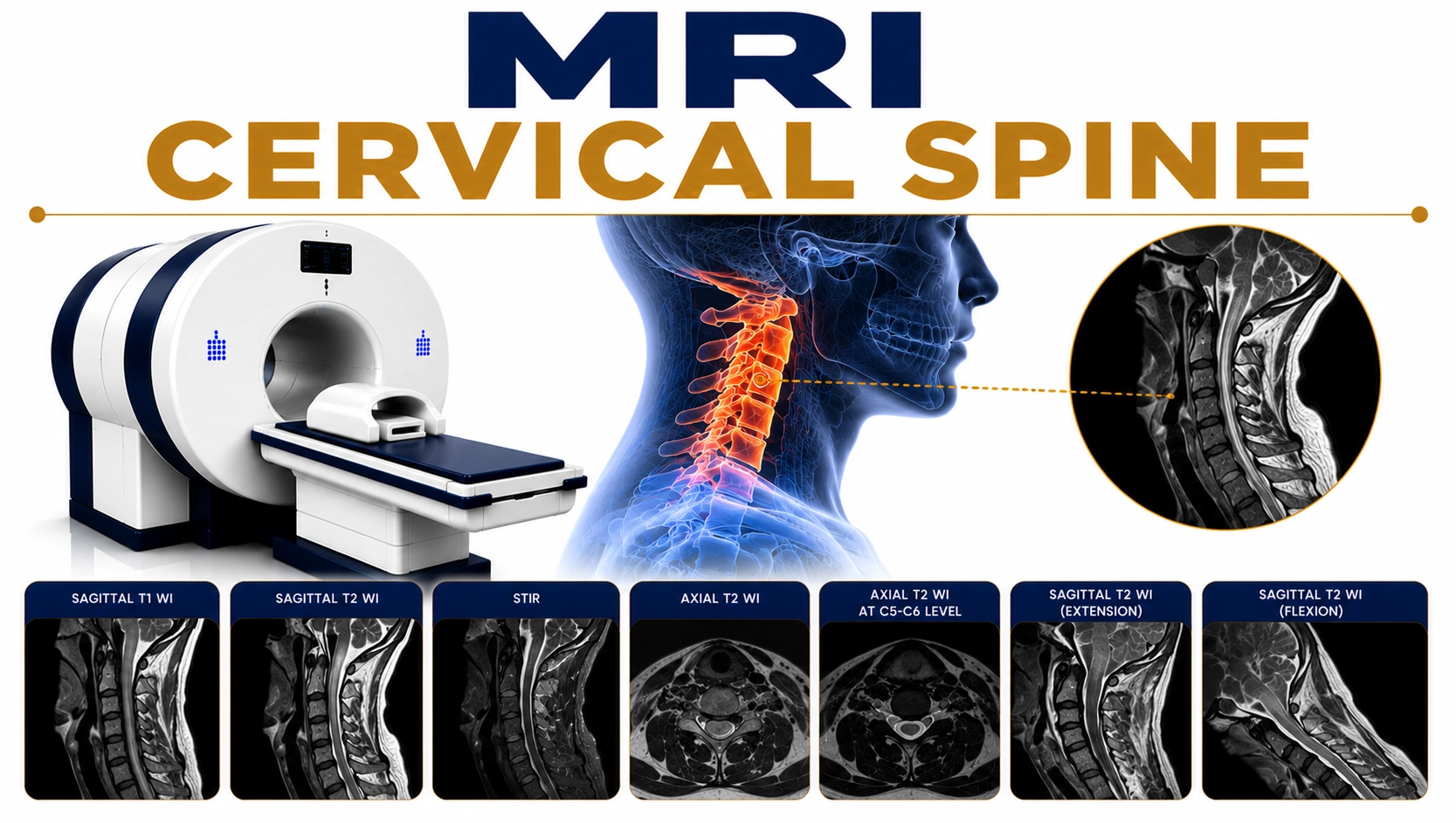 MRI Cervical Spine scan at Focus Diagnostics showing detailed imaging of cervical vertebrae, spinal discs, spinal cord, and neck nerve roots