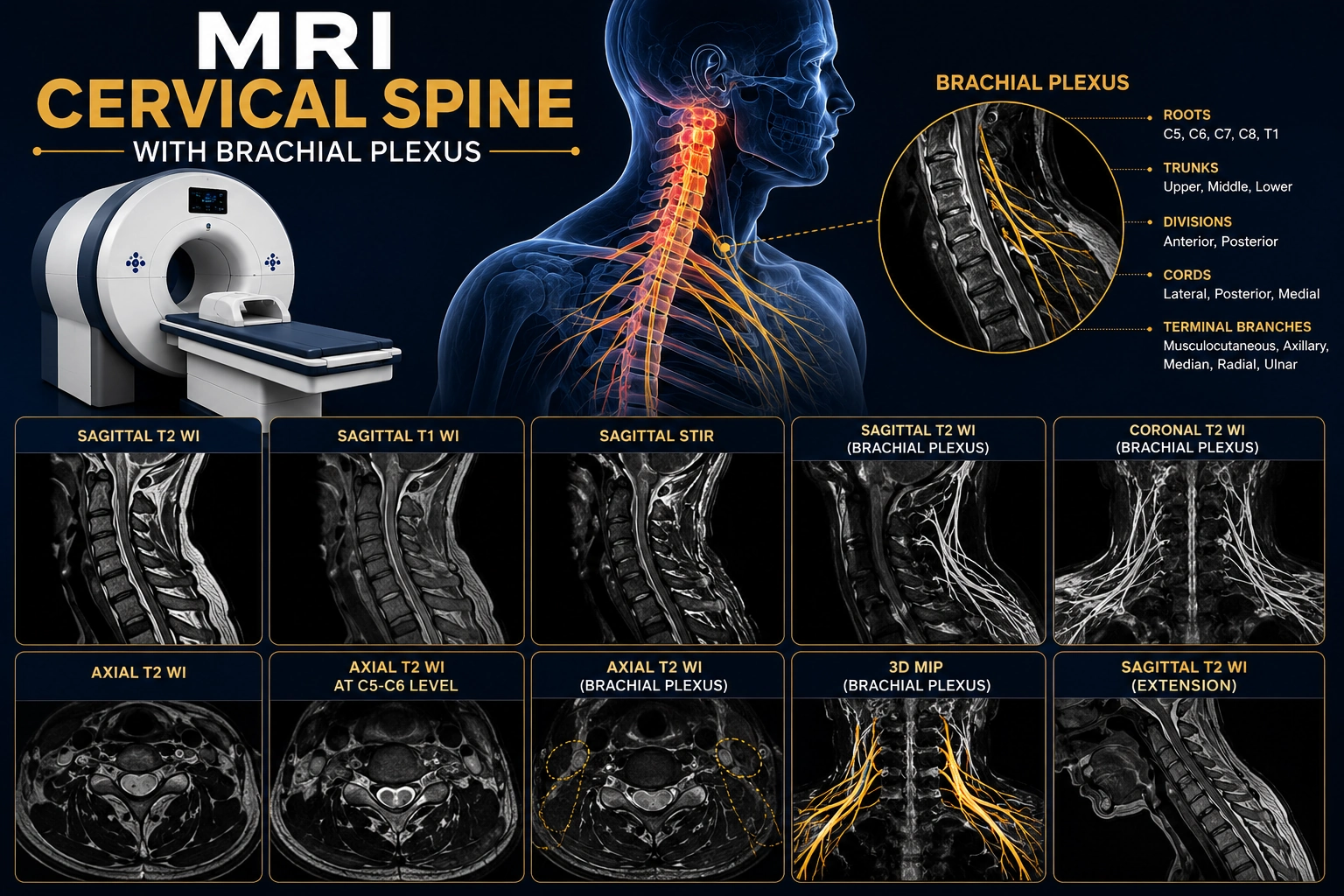 MRI Cervical Spine with Brachial Plexus scan at Focus Diagnostics showing detailed imaging of neck vertebrae, spinal cord, nerve roots, and brachial plexus nerves