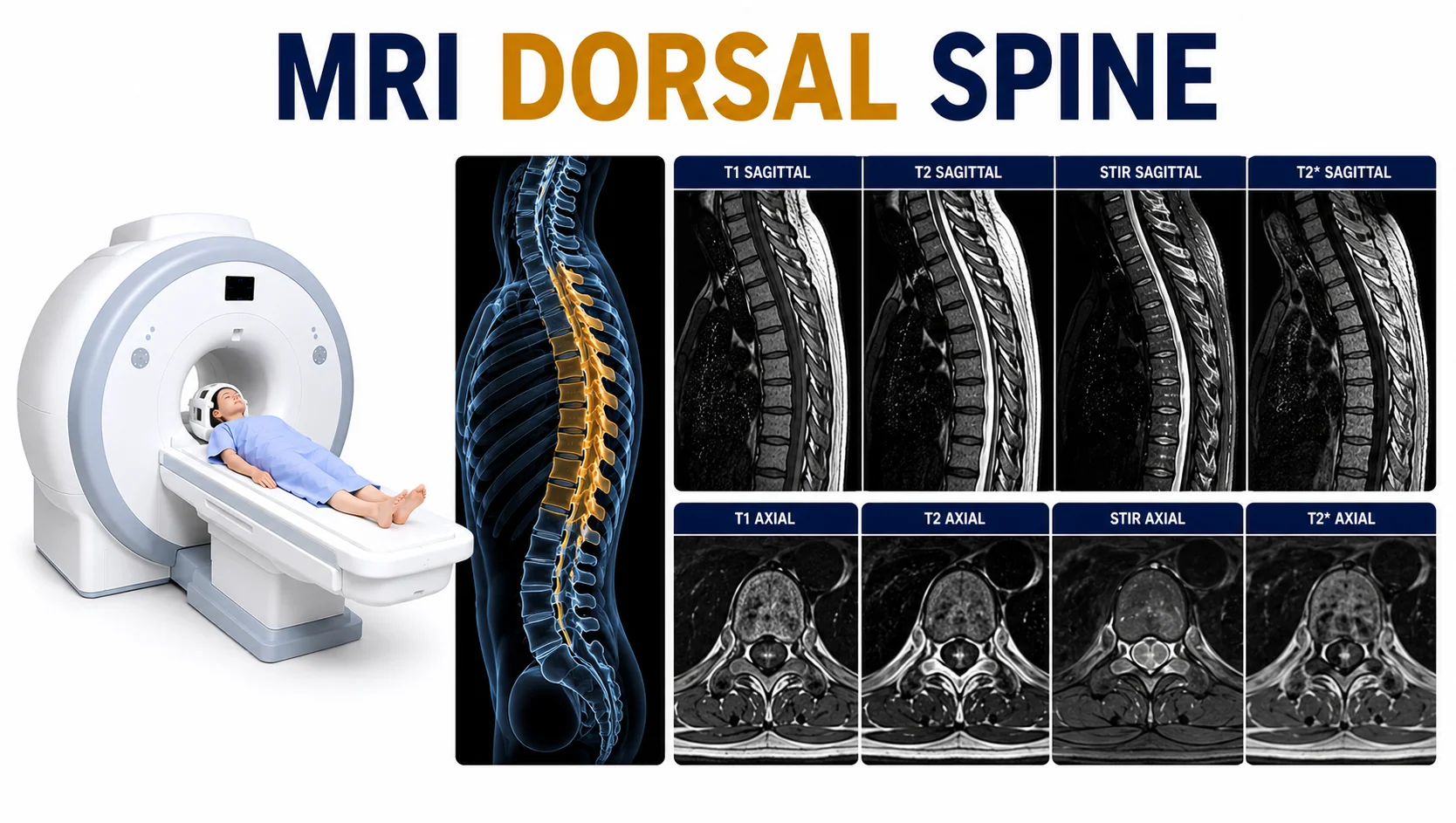 MRI Dorsal Spine scan at Focus Diagnostics showing detailed imaging of thoracic vertebrae, spinal discs, spinal cord, and mid-back structures