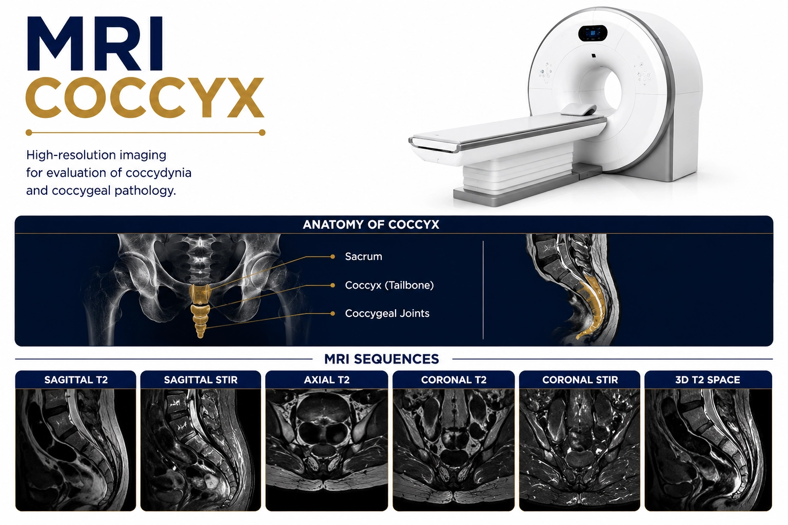 MRI Coccyx scan at Focus Diagnostics showing detailed imaging of the tailbone, sacrococcygeal region, and surrounding soft tissues